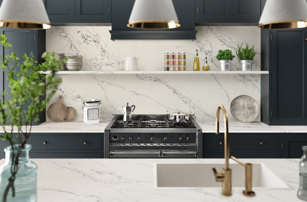 Modern kitchen with black cupboards. BWF Humphries Stonemasons, Wood Burning Stoves, Granite Worktops, Quartz Worktops. Hungerford, Newbury, Marlborough.