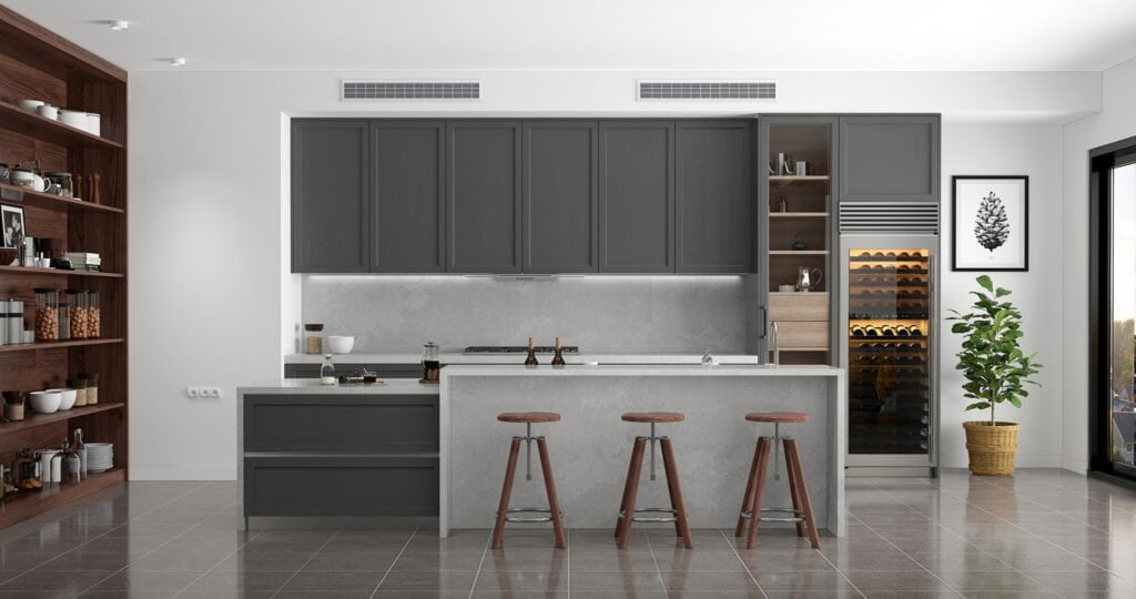 MOdern kitchen with grey decor. BWF Humphries Stonemasons, Wood Burning Stoves, Granite Worktops, Quartz Worktops. Hungerford, Newbury, Marlborough.